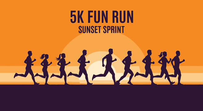 Evening 5K Race, Sunset Silhouette Runners, Recreational Athletes, Friendship Run