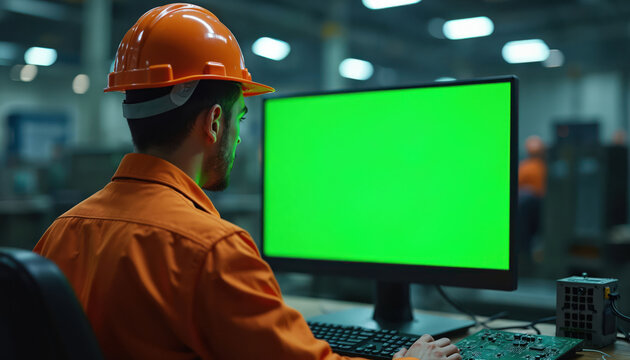 Factory worker in orange uniform and hard hat sits at desk, looking at green screen computer monitor. Technician works on digital display in industrial setting, using keyboard and circuit board.