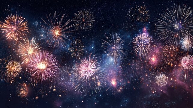 Colorful fireworks exploding in night sky celebrating festive events and holidays.