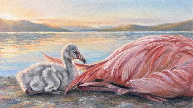 Flamingo Chick Under Wing Protection Pastel Lake