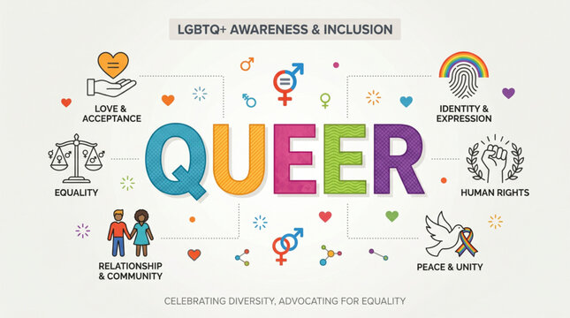 Lgbtq awareness queer inclusion concept with icons and colorful typography showing equality identity expression and unity for education campaign design