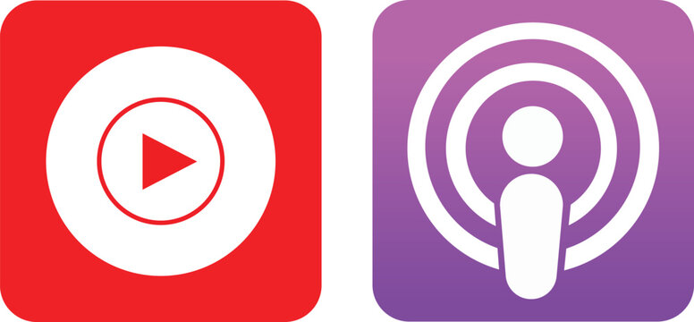 red video play button and purple apple podcasts app icons side by side on white background