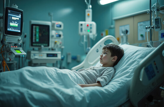 Young boy lies in hospital bed, surrounded by medical machines in intensive care unit. Child looks weary, awaiting treatment, recovery in sterile ward. Doctors, nurses monitor vital signs closely.