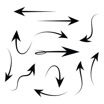 Curved Arrow Vector Set, Hand Drawn Black Doodle Directional Arrows Collection with Swirl, Loop, Wavy and Straight Arrows for Infographic, Flowchart, UI UX Navigation, Web Design, Presentation.