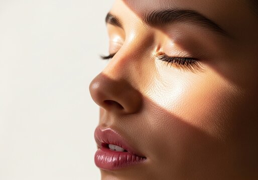 Woman face with natural light and glow. Healthy skin texture shows moisture and freshness. Gentle touch on cheek suggests calm wellness routine. Appears radiant and confident