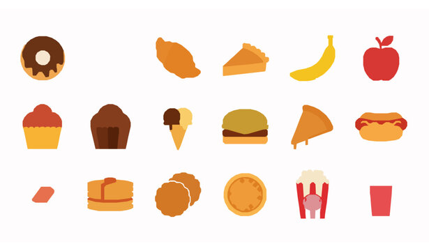 Delicious food filled icon set with donut milkshake croissant muffin and dessert icons for mobile and web design