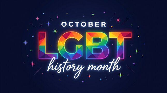 LGBT history month october celebration colorful rainbow typography with glowing neon effect on dark background for awareness campaign banner social media design