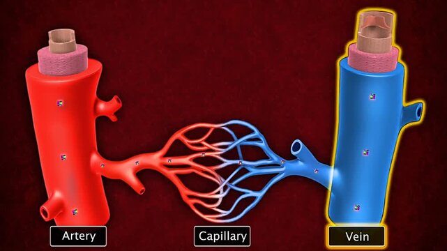 3D animation showing structure of artery, capillary, and vein with blood flow differences.