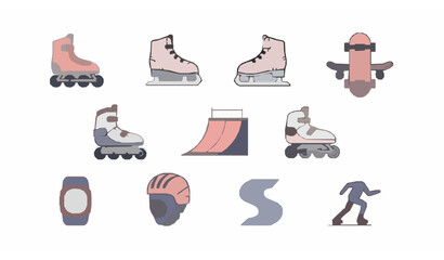 Modern skating icons collection with roller skates ice skate skateboard and safety gear in flat filled outline style © Lipi