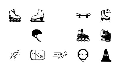 Skating icon set with roller skate ice skate skateboard and protective gear in filled and outline style for sports design © Lipi
