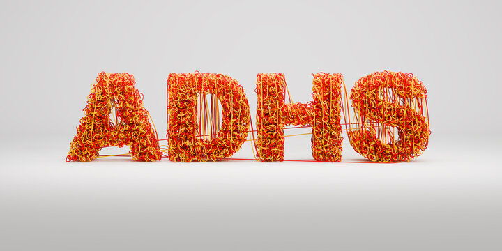 ADHS concept (German for ADHD: Aufmerksamkeitsdefizit-Hyperaktivit&auml;tsst&ouml;rung) - the text ADHS composed of interwoven red and yellow threads symbolizing chaos and restlessness. Gray seamless background