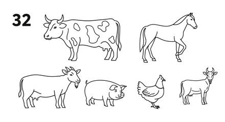 Obraz premium Farm animals in a line drawing.
