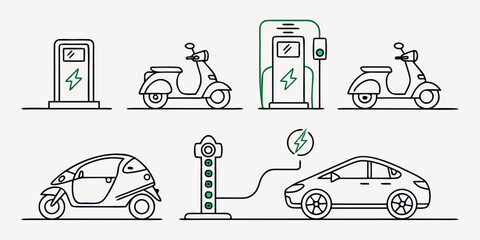 Electric vehicles and charging stations cars scooters green energy © Abu