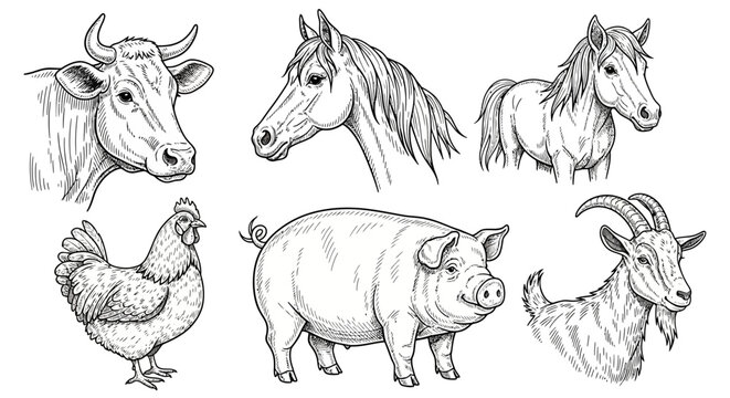 Farm animals in a line drawing.
