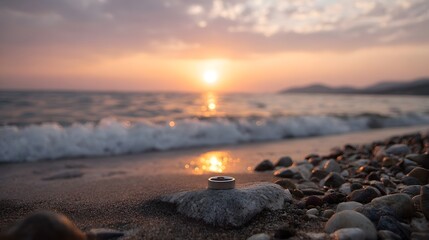 Obraz premium A wedding ring rests on a smooth coastal pebble at sunset symbolizing eternal love and the peaceful journey along the beach