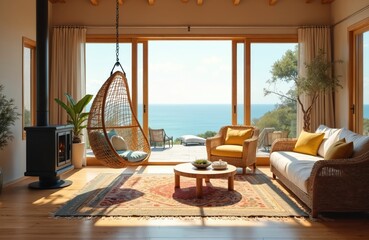 Obraz premium Comfortable coastal living room features wicker furniture including armchair sofa hanging chair. Large glass doors open to ocean view. Wood stove adds warmth to bright home interior.