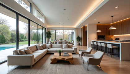 Fototapeta premium Spacious modern home interior with open plan living area, kitchen. Large windows overlook pool, garden. Neutral tones, wood accents create cozy atmosphere. Furniture includes sectional sofa, bar