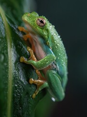 Obraz premium Vibrant green tree frog with water droplets clinging to its skin on a leaf