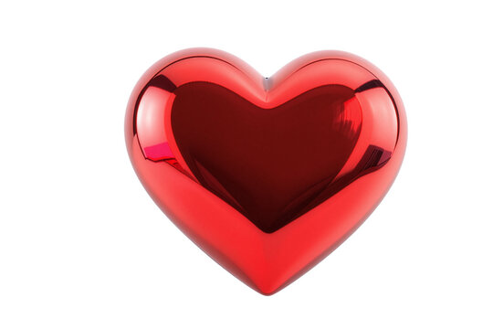 Modern 3D heart made of red chrome metal, mirror reflection, smooth surface, industrial style, isolated on white background