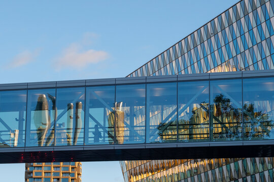 Urban Stockholm Sweden city building with modern architecture glass facade and reflection creating clean geometric skyline for Scandinavian district