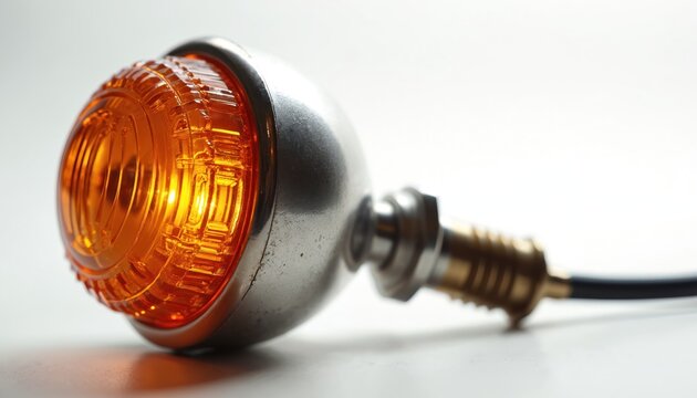Close up of amber motorcycle turn signal light. Retro chrome and brass fitting with black wire. Vintage auto part detail for classic bikes, scooters. Amber indicator lamp.