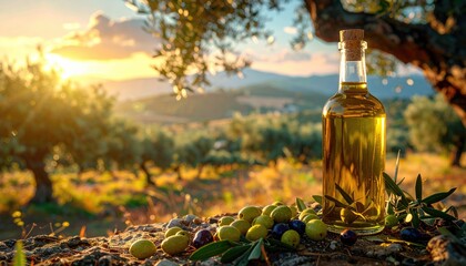 Naklejka premium Olives and olive oil in a bottle. Olives and olive oil in a bottle on the background of the evening olive grove
