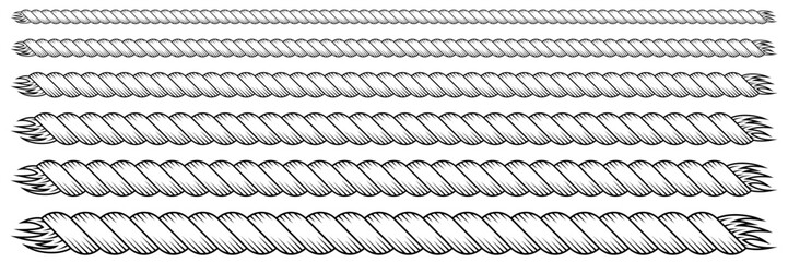 Rope string patterns, set of thin and thick borders made of brush. Cowboy or nautical, sailor knit cords. Western decorative textured cables. Black vector illustration isolated on white background © marina_ua