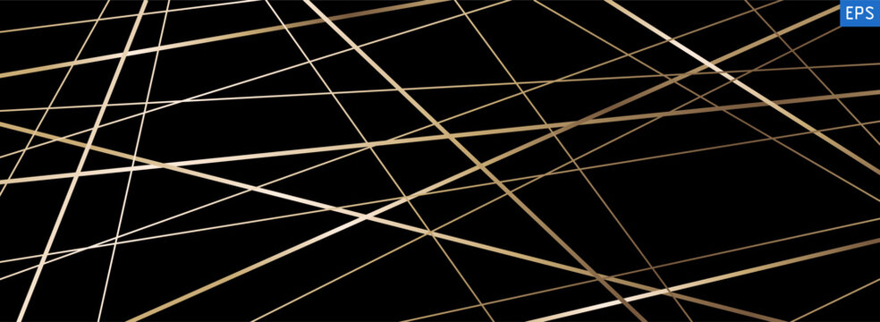Straight random chaotic stripes on black canvas creating geometric chaos. Abstract luxury golden texture with angled linear shapes and minimalist gold outlines. Isolated vector illustration