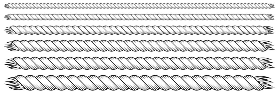 Rope string patterns, set of thin and thick borders made of brush. Cowboy or nautical, sailor knit cords. Western decorative textured cables. Black vector illustration isolated on white background