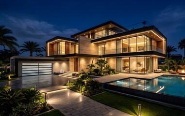 Fototapeta premium Modern Luxury Residence Exterior at Night with Illuminated Architecture