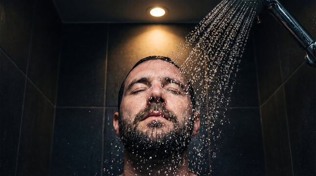A bearded man showering under warm light, eyes closed enjoying water flow, intimate daily hygiene photo.