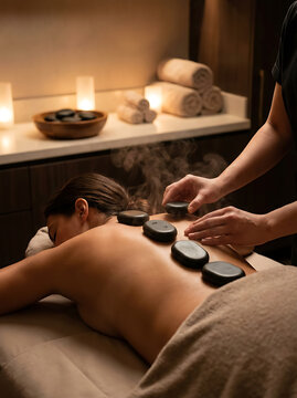 A woman receiving hot stone massage in spa, therapist placing stones on her back, warm candlelight relaxing photo.