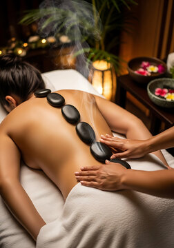 A woman receiving hot stone massage in spa, therapist placing stones on her back, warm candlelight relaxing photo.