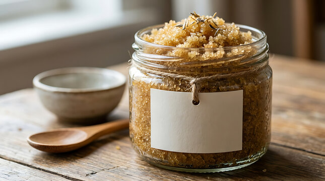 A rustic glass jar of brown sugar scrub with blank label, wooden spoon and bowl beside, warm natural light photo.