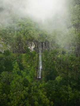 Aerial view of the PR17 Pinaculo e Folhadal waterfall cascading down a steep cliff surrounded by dense green forest and shrouded in thick white mist Serra de Agua, Madeira, Portugal.