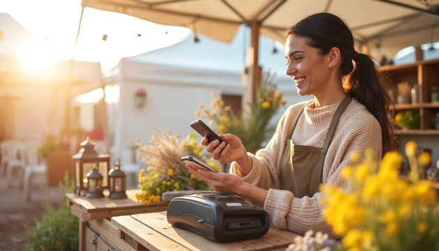 Woman florist uses smartphone for contactless payment at outdoor market stall with flowers. Small shop owner accepts digital transaction using phone, terminal. Happy entrepreneur completes sale at