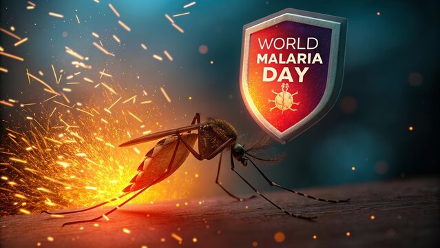 Dramatic World Malaria Day poster with mosquito and glowing shield.

