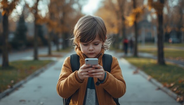 There is a little boy that is looking at his cell phone