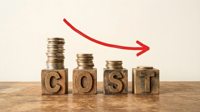 Stacked Coins on Wooden Blocks Spelling Cost with Red Downward Arrow