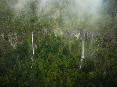 Aerial view of PR17 Pinaculo e Folhadal with waterfalls cascading down lush green cliffs shrouded in mist and fog in Serra de Agua, Madeira, Portugal.