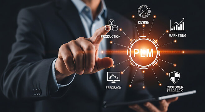 Businessman Touching Virtual PLM Interface Product Lifecycle Management Concept
