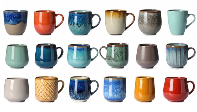 Set of ceramic cups and mugs with different shapes, colors, isolated on white