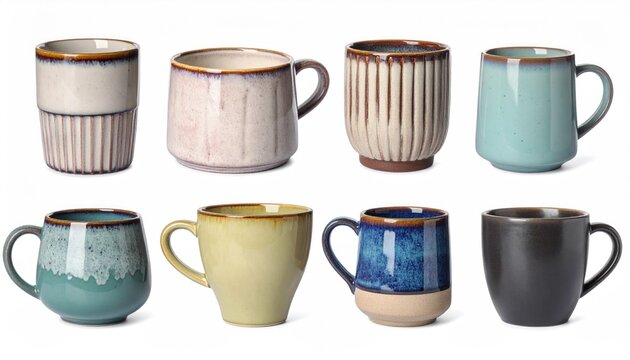 Set of ceramic cups and mugs with different shapes, colors, isolated on white