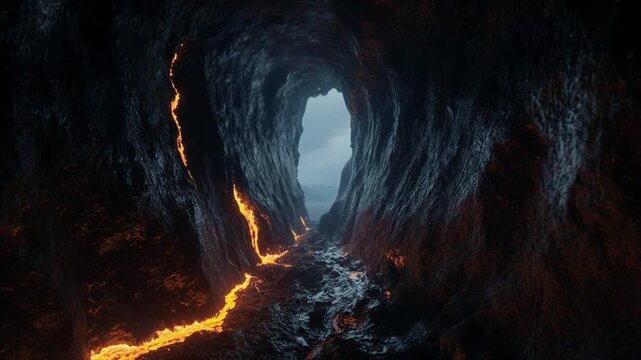 溶岩洞窟の内部探索映像・神秘的な火山チューブの光と影