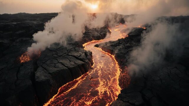 溶岩流のマクロ映像・赤熱する火山岩肌クローズアップ
