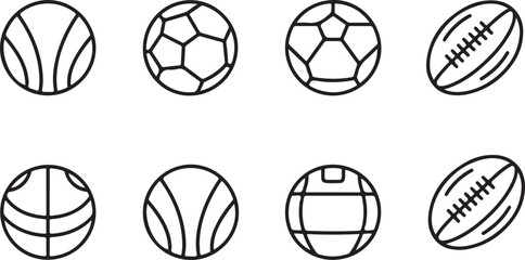 Fototapeta premium This collection of sports ball icons features a variety of clean, minimalist outline designs suitable for diverse athletic and recreational branding projects