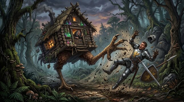 Baba yaga's chicken-legged hut kicks a startled armored knight in a dark enchanted forest, sending his helmet flying as the witch's house springs to life in eerie folklore drama