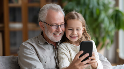 Fototapeta premium Happy grandfather and granddaughter smiling while taking a selfie together at home. Family bonding, love and intergenerational relationships concept. 