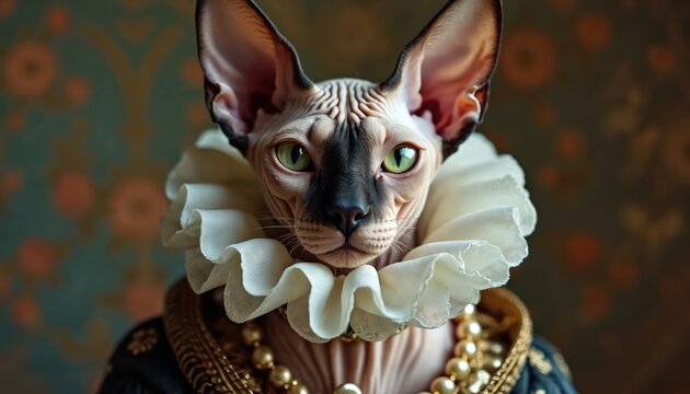 Sphynx cat wears a ruff collar and pearl necklace. This unusual feline pet poses like royalty in rich historical costume. Elegant animal has wrinkles and green eyes.