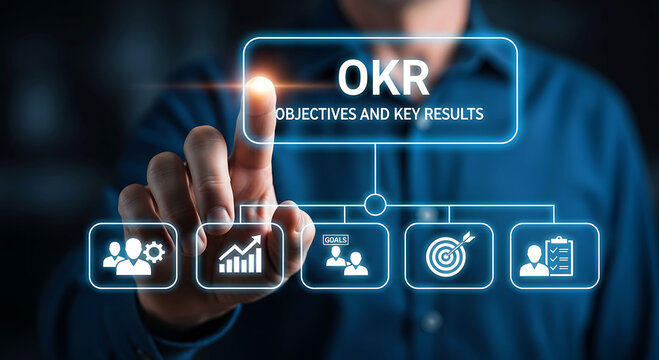 Businessman Touching Virtual OKR Screen for Business Goal and Strategy Performance